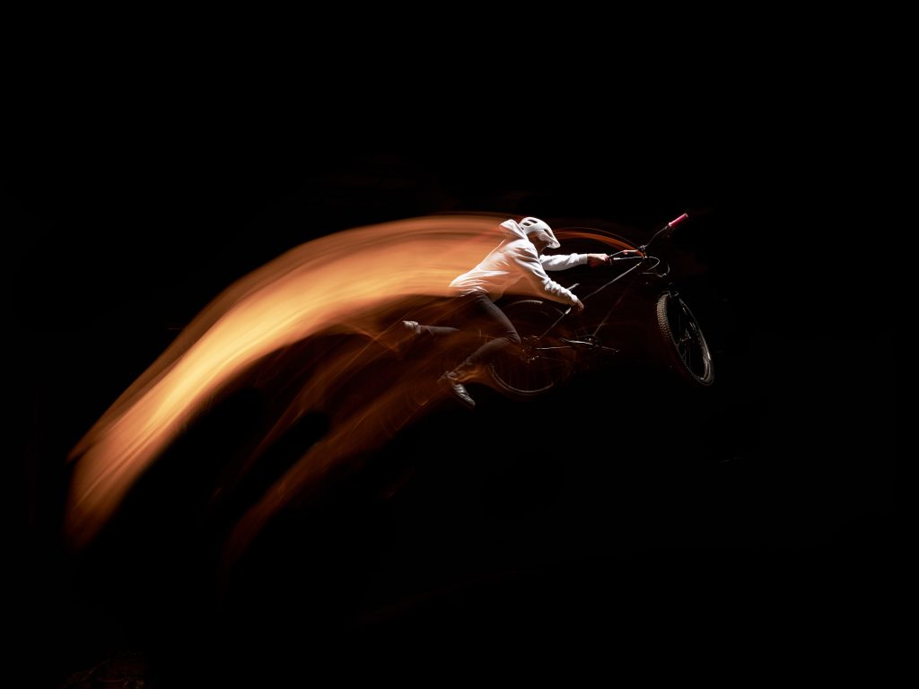 Rider jumping in the dark on the Dirt Factory airbag - image credit Conrad Ohnuki